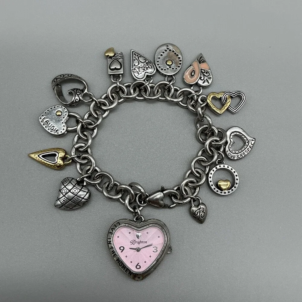Brighton Womens Watch 27mm Pink Heart Dial Charm Bracelet New Battery 8
